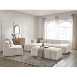 Canapé d'angle fixe modulable ANNECY tissu bouclette avec 1 chauffeuse 1 place et 1 pouf Bobochic pas cher