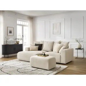 Canapé d'angle convertible coffre ATILLA velours côtelé avec pouf beig...