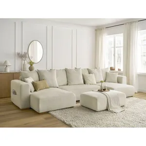 Canapé panoramique convertible réversible coffre SIDONIE velours côtelé avec pouf Bobochic pas cher