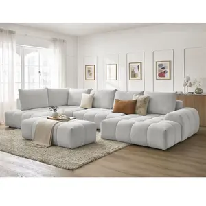 Bobochic canapé panoramique convertible coffre everest tissu chiné avec pouf gris clair angle droit EVERESTVendu parbobochic-paris