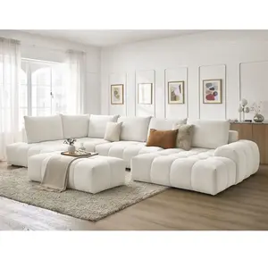 Canapé panoramique convertible coffre EVEREST tissu chiné avec pouf blanc angle droit BOBOCHIC 7 placesVendu parbobochic-paris