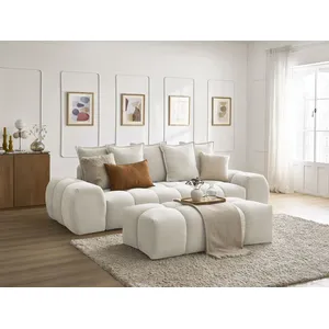 Canapé droit fixe 3 places EVEREST tissu texturé avec pouf beige BOBOCHIC pas cher