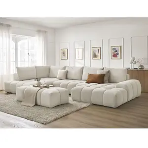 Comparateur de prix : Bobochic canapé panoramique convertible coffre everest tissu texturé avec pouf beige angle droit EVEREST