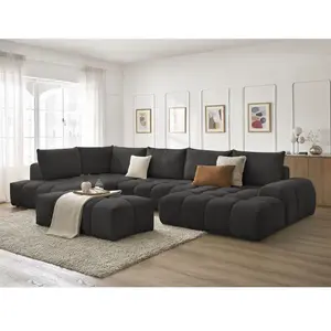Bobochic canapé panoramique convertible coffre everest tissu texturé avec pouf noir angle droit EVEREST pas cher