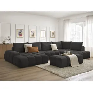 Canapé panoramique convertible coffre EVEREST tissu texturé avec pouf noir angle gauche BOBOCHIC 7 placesVendu parbobochic-paris