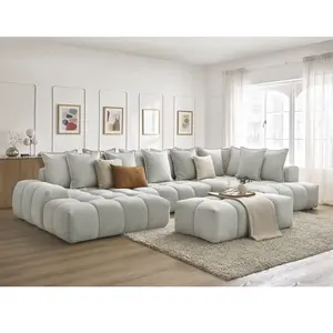 Bobochic canapé panoramique convertible coffre everest tissu texturé avec pouf gris clair angle gauche EVERESTVendu parbobochic-paris