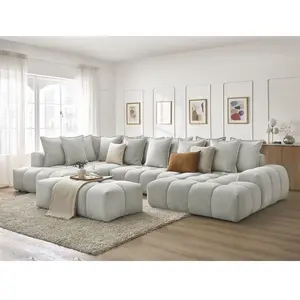 Canapé panoramique convertible coffre EVEREST tissu texturé avec pouf gris clair angle droit BOBOCHIC 7 placesVendu parbobochic-paris