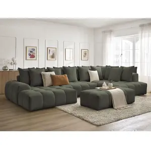 Canapé panoramique convertible coffre EVEREST tissu chiné avec pouf vert angle gauche BOBOCHIC 7 placesVendu parbobochic-paris