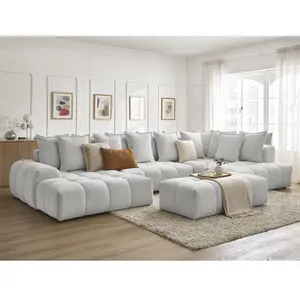 Bobochic canapé panoramique convertible coffre everest tissu chiné avec pouf gris clair angle gauche EVERESTVendu parbobochic-paris