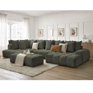 Bobochic canapé panoramique convertible coffre everest tissu chiné avec pouf vert  angle droit EVEREST