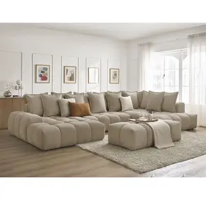 Comparateur de prix : Canapé panoramique convertible coffre EVEREST tissu texturé avec pouf taupe angle gauche BOBOCHIC 7 places