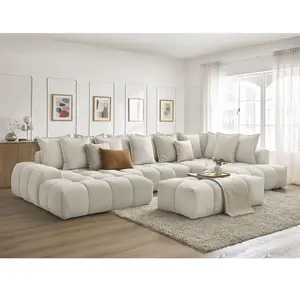 Bobochic canapé panoramique convertible coffre everest tissu texturé avec pouf beige angle gauche EVERESTVendu parbobochic-paris