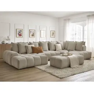 Canapé panoramique convertible coffre EVEREST tissu chiné avec pouf taupe angle gauche BOBOCHIC 7 placesVendu parbobochic-paris