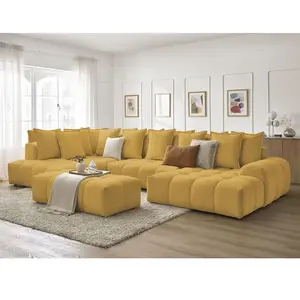 Bobochic canapé panoramique convertible coffre everest tissu chiné avec pouf jaune angle droit EVEREST pas cher