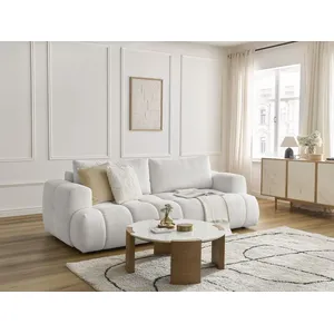 BOBOCHIC Canapé droit convertible 3 places FUJI tissu bouclette avec pouf blanc... pas cher