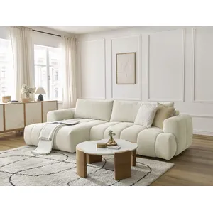 Bobochic canapé d'angle convertible fuji tissu lisse avec pouf beige angle gauche FUJI pas cher