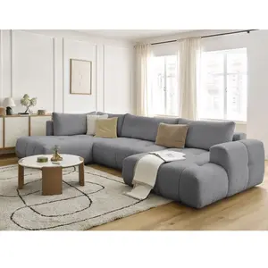 Canapé panoramique convertible FUJI tissu bouclette avec pouf Bobochic pas cher