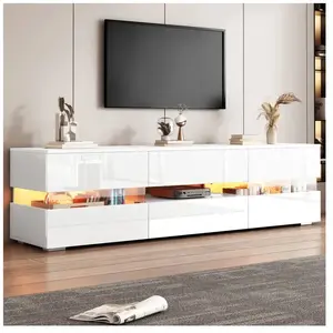 NECHE Meuble tv Blanc Brillant Moderne avec LED,Banc Télé 2 Portes+1 T... pas cher
