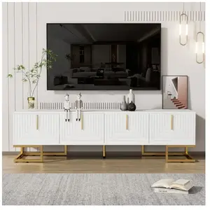 Neche - Meuble tv Moderne avec 4 compartiments de rangement + 4 portes au design unique,Poignées + Pieds dorés,170x40x45.5cm,Blan pas cher