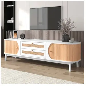 NECHE Meuble tv en bois naturel avec 2 tiroirs,armoire tv avec côtés en rotin,commode salon style rustique,170x39.5x46cm,b pas cher