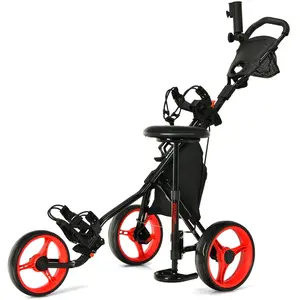 Comparateur de prix : COSTWAY chariot de golf à 3 roues pliable avec frein, poignée hauteur réglable, porte-parapluie,porte-go et tableau de score