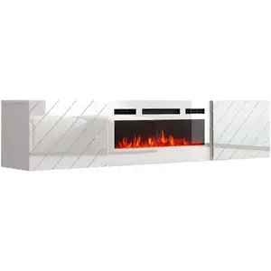 Comparateur de prix : BB-LOISIR Meuble tv 183x38x35 cm blanc brillant/blanc mat rota avec cheminée intégrée blanche meuble Hi-fi mural