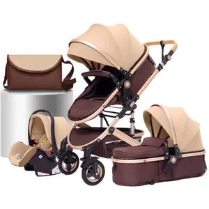 BAZARLAND30 Poussette 3 en 1 Bébé Combinée Siège-Auto Nacelle Trio Réversible Réglable Haute Qualité Roues increvables Canne khaki