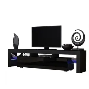 Meuble tv spider big a led en noir mat avec portes noir laqué 200 cm pas cher