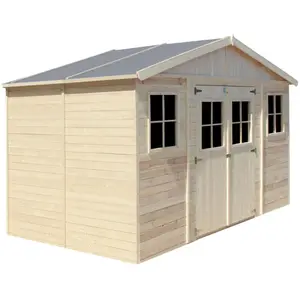 Comparateur de prix : TIMBELA M332 Abri de Jardin en Bois Naturel - H246x418x220 cm /8 m²