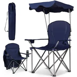 COSTWAY Chaise de Camping Pliante avec Pare-soleil, Porte-gobelet, Fauteuil de Pêche Portable Charge 120 KG, Sac de Rangement, Bleu