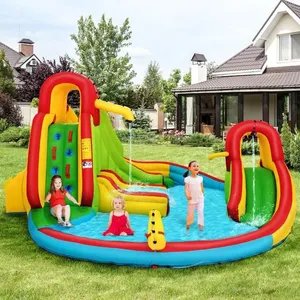 COSTWAY Château Gonflable pour 3 Enfants avec 2 Toboggans,Bassin d'Eclaboussement,Canon à Eau Charge Max 160KG Souffleur Non-inclusVendu parcdiscount
