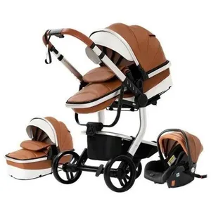 BAZARLAND30.Poussette 3 en 1 Bébé Combinée Siège-Auto Nacelle Trio Réversible cuir pu Roues increvables Canne.khaki