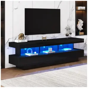 NECHE Yoleo - Meuble tv Noir Brillant 160L x 38l x 50,5H cm avec éclairage LED,3 étagères en verre,Connectivité Bluetooth,Support tv pour télé 70' pas cher