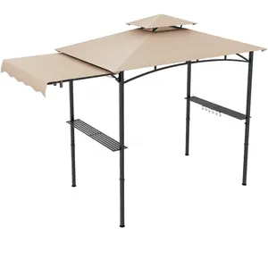 CostwayTonnelle de Barbecue 318 x 153 cm avec Auvent Latéral Dessus à 2 Niveaux 2 Etagères Latérales Crochets de Suspension Beige pas cher