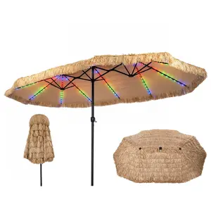 CostwayParasol Double Tropical en Paille 4,5x2,7m avec Lumière Parasol... pas cher
