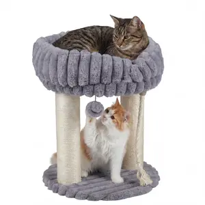 CostwayArbre a Chat 2 Niveaux en Peluche Douce Petit Arbre à Chat avec Niche Ouverte 2 Poteaux à Griffer Pompon Suspendu 40x40x50,5CM Gris pas cher