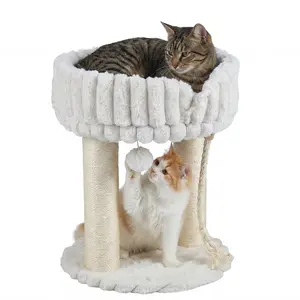CostwayArbre a Chat 2 Niveaux en Peluche Douce Petit Arbre à Chat avec Niche Ouverte 2 Poteaux à Griffer Pompon Suspendu 40x40x50,5CM Beige pas cher