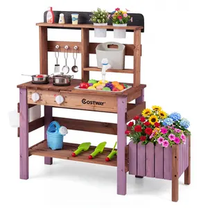 CostwayCuisine Enfant avec Jardinière Cuisine en Bois Extérieure avec ... pas cher