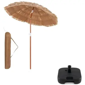 CostwayParasol de Terrasse en Chaume Parasol Tiki Hawaïen de 175 cm+Pied de Parasol Carré Remplissable Base de Parasol de 27 kg