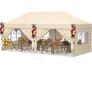 CostwayTonnelle de Jardin Exterieur 3x6m Tente de Réception avec 4 Parois Amovibles Réglable en 3 Hauteur Sac à Roulettes et Sacs de Sable Beige pas cher