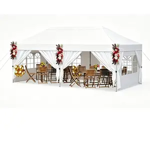 CostwayTonnelle de Jardin Exterieur 3x6m Tente de Réception avec 4 Parois Amovibles Réglable en 3 Hauteur Sac à Roulettes et Sacs de Sable Blanc pas cher