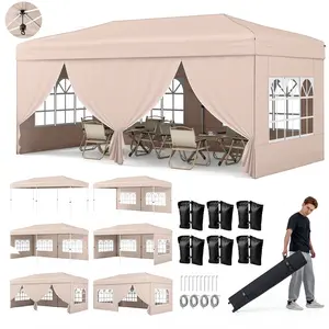 CostwayTonnelle de Jardin 3 x 6 M avec 4 Parois Amovibles Hauteur Réglable Sac de Transport 10-12 Personnes Beige pas cher