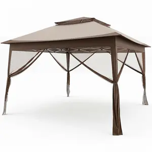 CostwayTonnelle de Jardin 330 x 330 cm avec Double Toit et 4 Moustiquaires Hauteur Réglable Sac de Transport à Roulettes pour Fête Camping BBQ Kaki pas cher