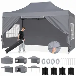 CostwayTonnelle Pop Up 4,3x2,9m avec 4 Parois Latérales Amovibles Barnum Pliant Imperméable avec 3 Hauteurs Réglables Sac à Roulettes Gris pas cher