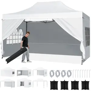 CostwayTonnelle Pop Up 4,3x2,9m avec 4 Parois Latérales Amovibles Barnum Pliant Imperméable avec 3 Hauteurs Réglables Sac à Roulettes Blanc pas cher