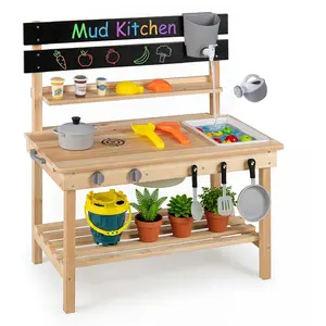 CostwayCuisine Extérieur Enfant en Bois de Sapin avec Plateau Coulissant Poignée et Bassine d’Eau Intégrée 1 Évier Ustensiles pour 3 Ans+ Naturel