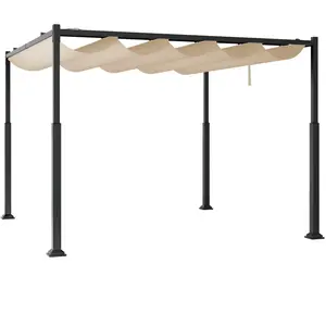 CostwayPergola d'Extérieur 310 x 310 CM avec Auvent Rétractable Colonnes Métalliques Robustes Pavillon Moderne Pare-Soleil Abri Métallique Beige pas cher