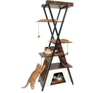CostwayArbre à Chat Haut avec Planches à Griffer Niche Plateforme Tapis Lavables 3 Pompons Multi-Niveaux Structure Métallique 185 CM Café pas cher