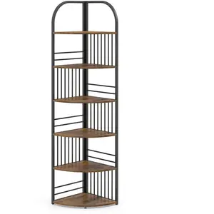CostwayÉtagère d'Angle à 6 Niveaux 181,5 cm Bibliothèque d'Angle Autoportante avec Cadre Métallique Robuste Présentoir Vertical Marron Rustique pas cher