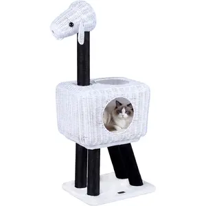 CostwayArbre a Chat en Forme Mouton 110 cm Arbre à Chat en Rotin avec Condo Spacieux Griffoirs en Sisal Coussin Lavable et Pompon Blanc pas cher